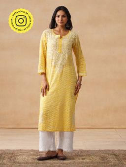 House of Chikankari - HOC Mulmul Chikankari Stripes Women's Long Yellow Kurta