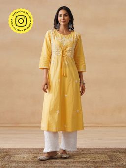 House of Chikankari - HOC Cotton Chikankari Mughal Embroidered Flared Women's Yellow Kurta