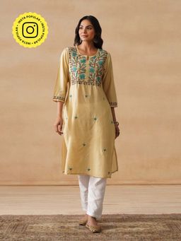 House of Chikankari - HOC Chanderi Chikankari Embroidered Straight Women's Beige Kurta