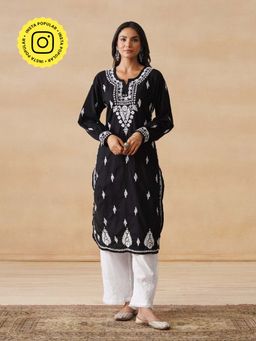 House of Chikankari - HOC Cotton Cambric Chikankari Embroidered Straight Women's Black Kurta