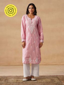 House of Chikankari - HOC Cotton Cambric Chikankari Embroidered Straight Women's Pink Kurta
