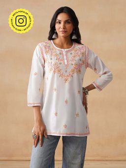House of Chikankari - HOC Cotton Chikankari Solid Straight Women's Short White Kurta