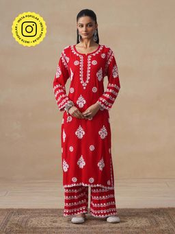 House of Chikankari - Women Red Modal Three Fourth Sleeves Chikankari Kurta with Palazoo