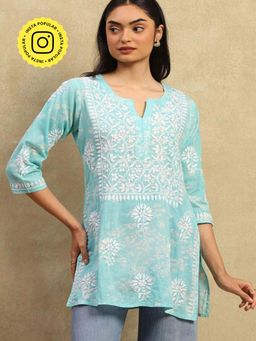 House of Chikankari - Women Blue Pure Cotton Embroidered Straight Top