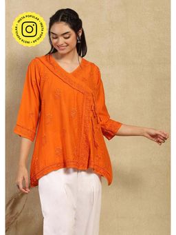 House of Chikankari - Women Orange Chanderi Embroidered Straight Top
