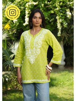 House of Chikankari - Women Green Pure Cotton Embroidered Straight Top