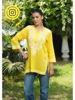 House of Chikankari - Women Yellow Pure Cotton Embroidered Straight Top