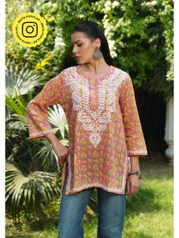 House of Chikankari - Women Pink Pure Cotton Embroidered Straight Top