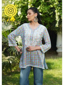 House of Chikankari - Women Blue Pure Cotton Embroidered Straight Top