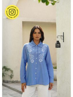House of Chikankari - Women Light Blue Chambray Regular Embroidered Full Sleeves Shirt