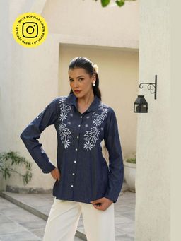 House of Chikankari - Women Dark Blue Chambray Regular Embroidered Full Sleeves Shirt