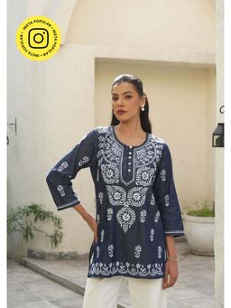 House of Chikankari - Women Blue Chambray Embroidered Straight Top