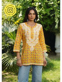 House of Chikankari - Women Yellow Pure Cotton Embroidered Straight Top