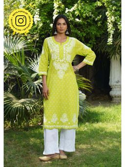 House of Chikankari - Women Green Pure Cotton Embroidered Straight Kurta