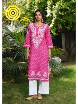 House of Chikankari - Women Pink Pure Cotton Embroidered Straight Kurta