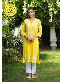 House of Chikankari - Women Yellow Pure Cotton Embroidered Straight Kurta