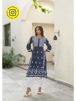 House of Chikankari - Women Blue Chambray Embroidered Straight Kurta