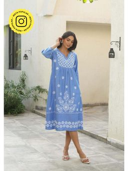 House of Chikankari - Women Blue Chambray A-Line Embroidered Midi Dress