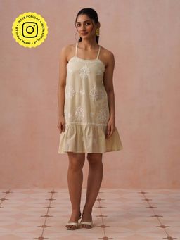 House of Chikankari - Beige Pure Cotton Embroidered A-Line Mini Dress