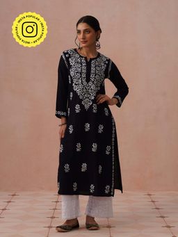 House of Chikankari - Black Rayon Embroidered Kurta