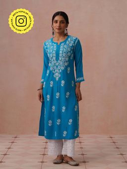 House of Chikankari - Blue Rayon Embroidered Kurta