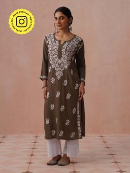 House of Chikankari - Brown Rayon Embroidered Kurta