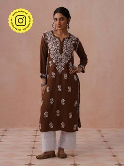 House of Chikankari - Brown Rayon Embroidered Kurta