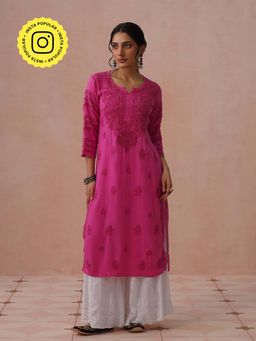 House of Chikankari - Pink Rayon Embroidered Kurta