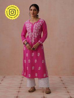 House of Chikankari - Pink Rayon Embroidered Kurta