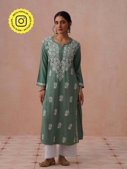 House of Chikankari - Green Rayon Embroidered Kurta