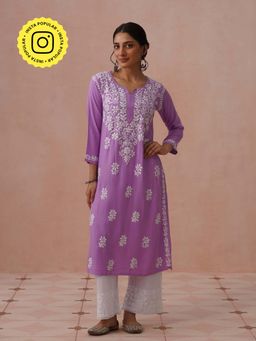 House of Chikankari - Lavender Rayon Embroidered Kurta