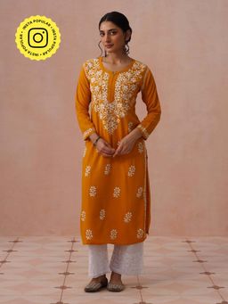 House of Chikankari - Mustard Rayon Embroidered Kurta