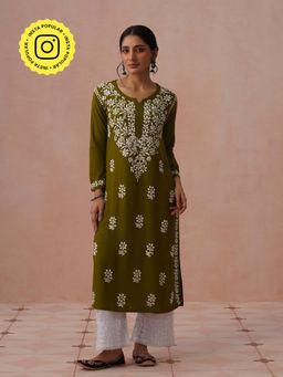 House of Chikankari - Olive Rayon Embroidered Kurta