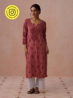 House of Chikankari - Peach Rayon Embroidered Kurta
