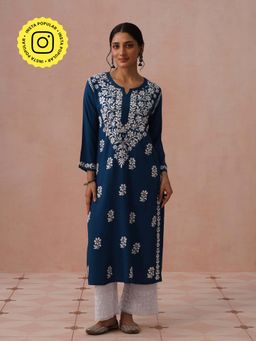 House of Chikankari - Teal Rayon Embroidered Kurta