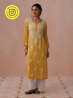 House of Chikankari - Yellow Rayon Embroidered Kurta