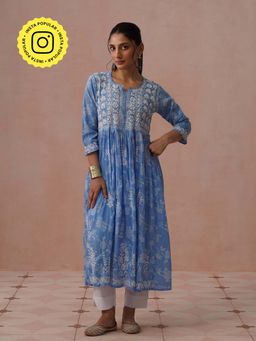 House of Chikankari - Blue Mulmul Embroidered Kurta