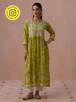 House of Chikankari - Green Mulmul Embroidered Kurta