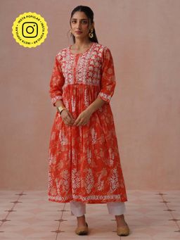 House of Chikankari - Orange Mulmul Embroidered Kurta