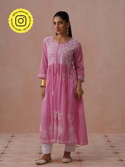 House of Chikankari - Pink Mulmul Embroidered Kurta