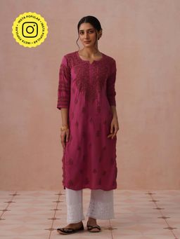 House of Chikankari - Pink Rayon Embroidered Kurta