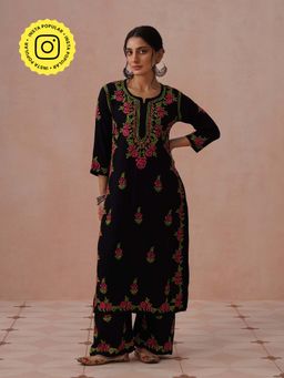 House of Chikankari - Black Rayon Embroidered Chikankari Kurta with Pant