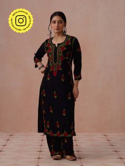 House of Chikankari - Black Rayon Embroidered Chikankari Kurta with Pant