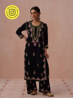 House of Chikankari - Black Rayon Embroidered Chikankari Kurta with Pant