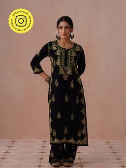 House of Chikankari - Black Rayon Embroidered Chikankari Kurta with Pant