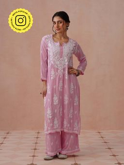 House of Chikankari - Pink Modal Embroidered Chikankari Kurta with Pant