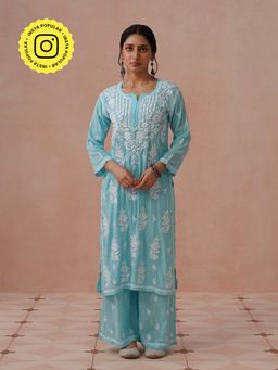 House of Chikankari - Blue Modal Embroidered Chikankari Kurta with Pant