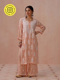 House of Chikankari - Peach Modal Embroidered Chikankari Kurta with Pant