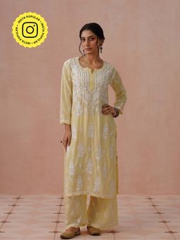 House of Chikankari - Yellow Modal Embroidered Chikankari Kurta with Pant