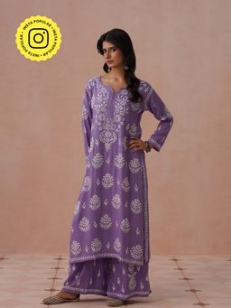 House of Chikankari - Lavender Rayon Embroidered Chikankari Kurta with Palazzo